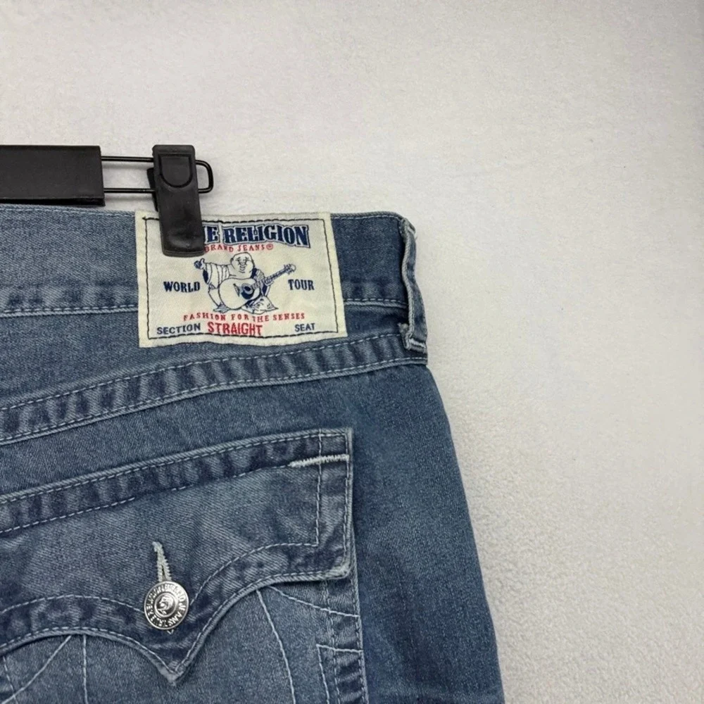 True Religion Jeans Mens 42x33 Blue Straight Dark Wash Whisker Faded Flap Pocket
